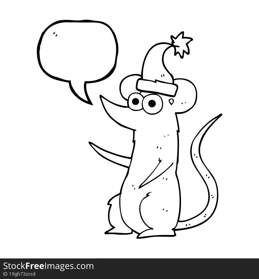 freehand drawn speech bubble cartoon mouse wearing christmas hat