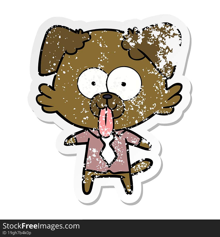 distressed sticker of a cartoon dog with tongue sticking out