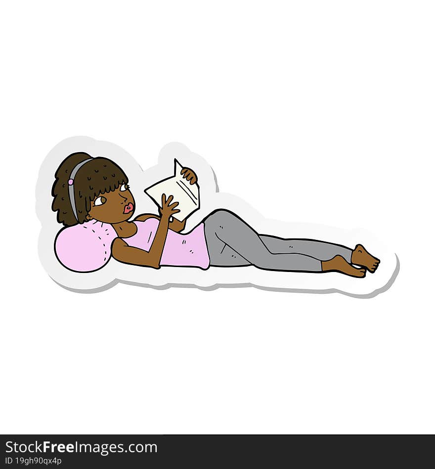 sticker of a cartoon pretty woman reading book