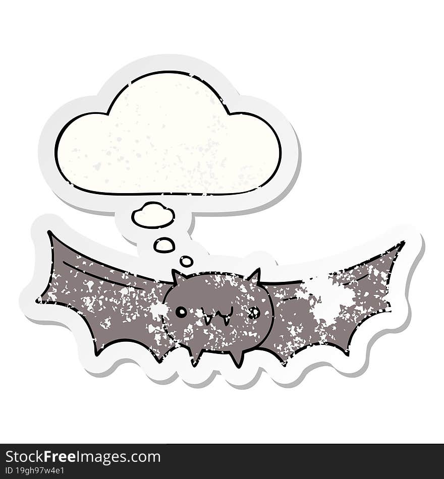 cartoon vampire bat and thought bubble as a distressed worn sticker