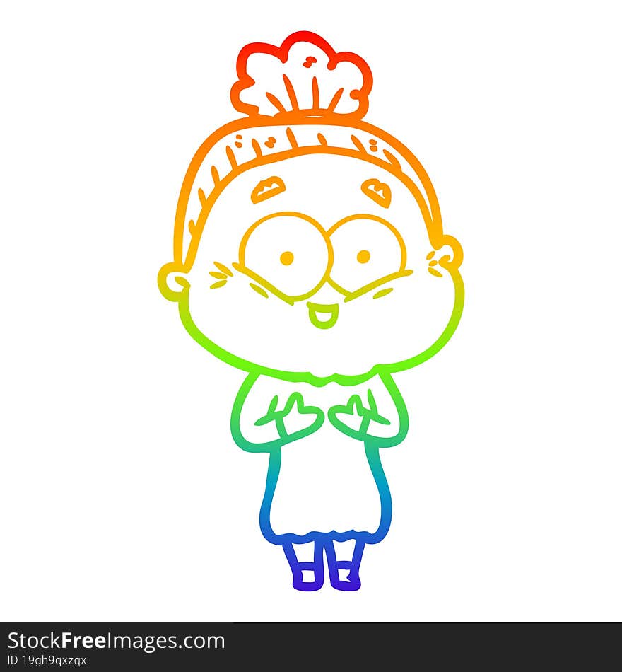 rainbow gradient line drawing of a cartoon happy old woman