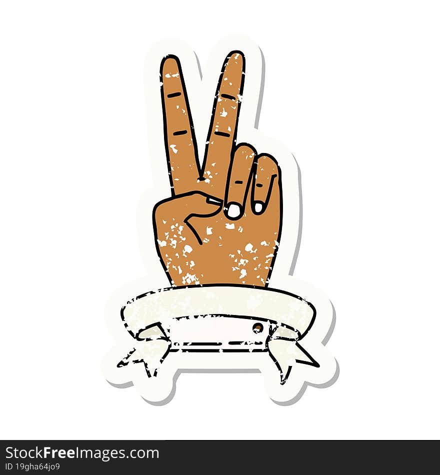 Retro Tattoo Style peace two finger hand gesture with banner. Retro Tattoo Style peace two finger hand gesture with banner