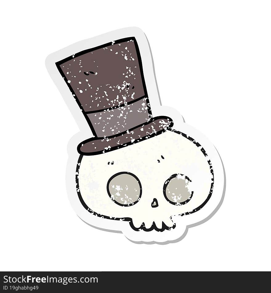 retro distressed sticker of a cartoon skull wearing top hat