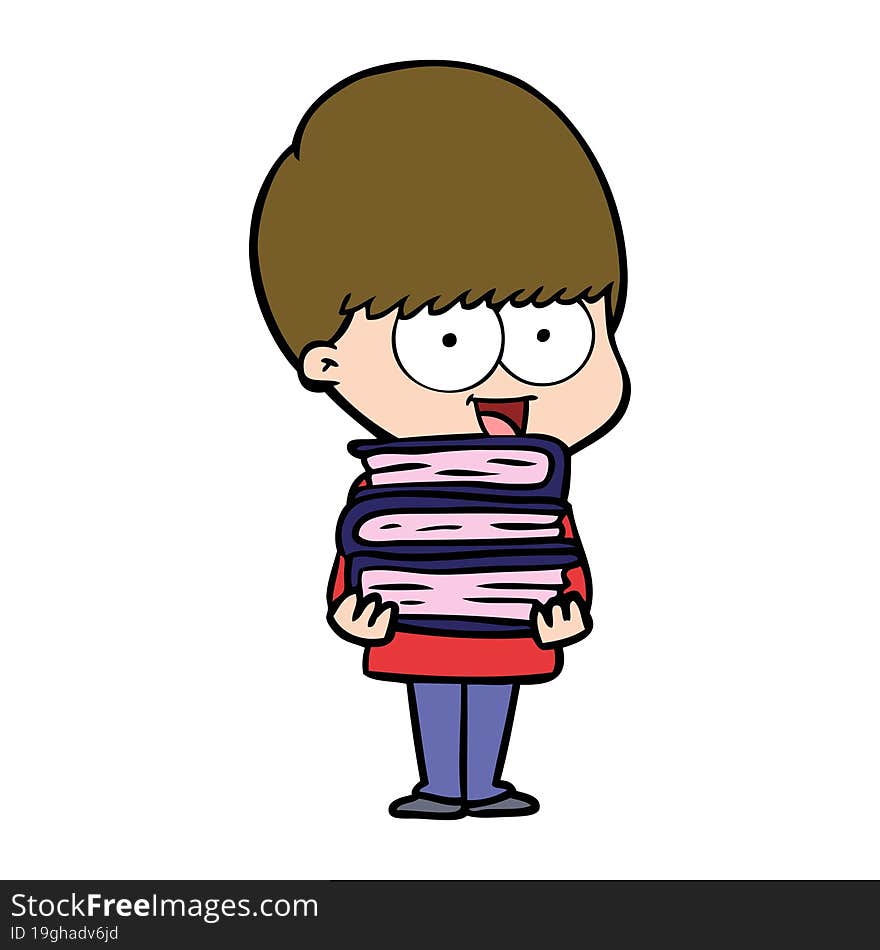 happy cartoon boy holding books. happy cartoon boy holding books