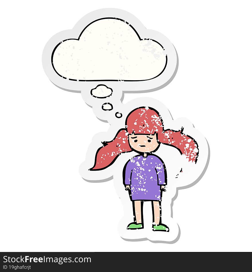 cartoon girl with long hair and thought bubble as a distressed worn sticker