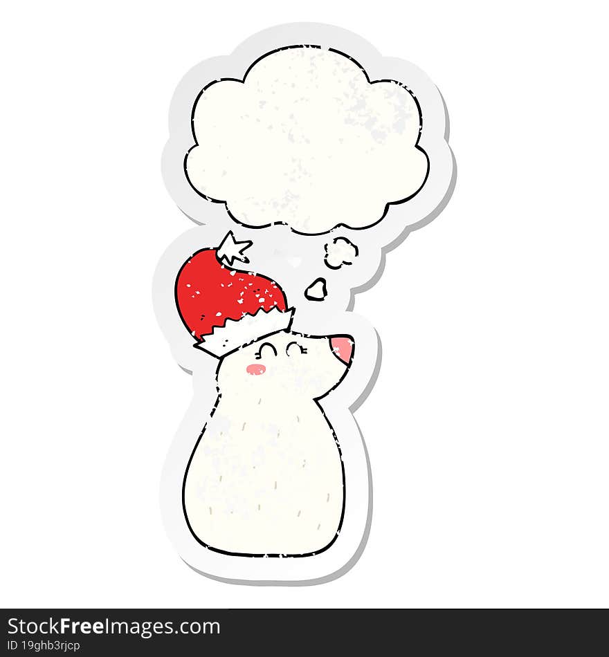 cartoon bear wearing christmas hat and thought bubble as a distressed worn sticker