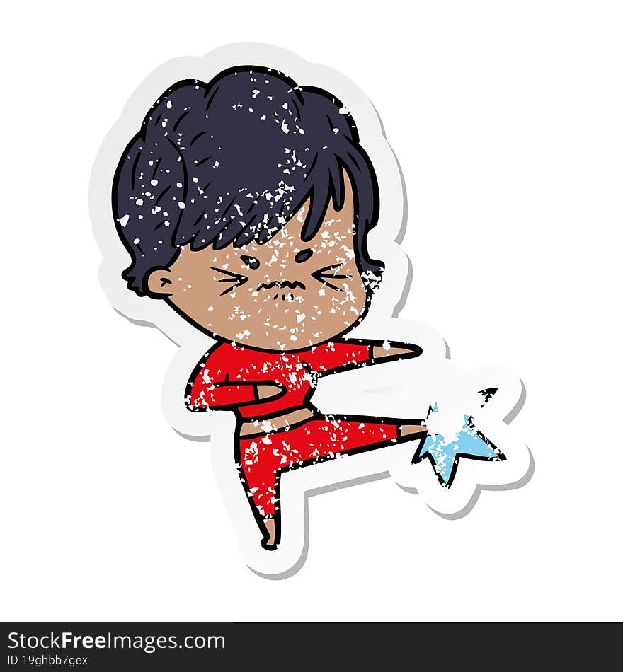 distressed sticker of a cartoon frustrated woman