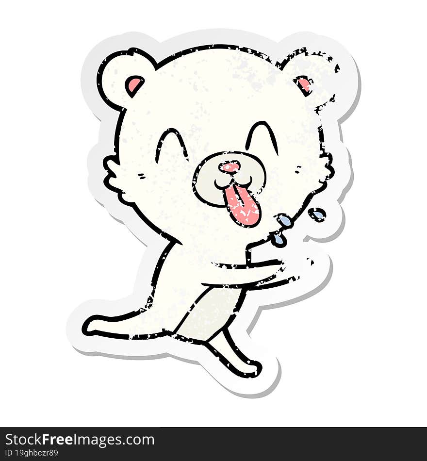 distressed sticker of a rude cartoon polar bear sticking out tongue