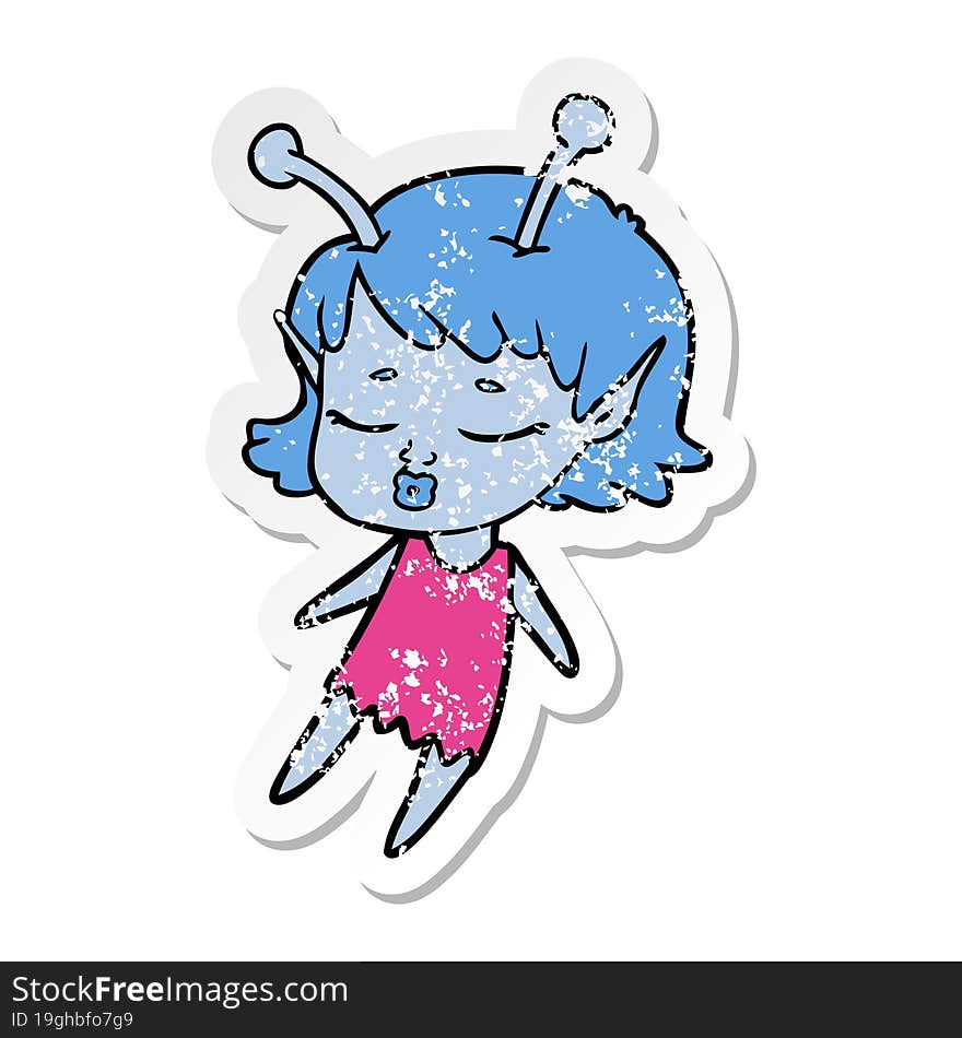 Distressed Sticker Of A Cute Alien Girl Cartoon