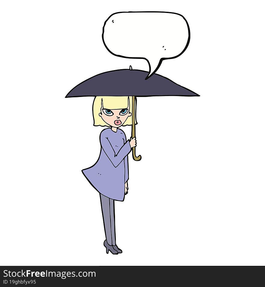 Cartoon Woman With Umbrella With Speech Bubble