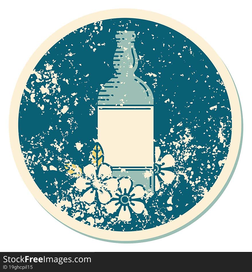 distressed sticker tattoo style icon of a rum bottle and flowers