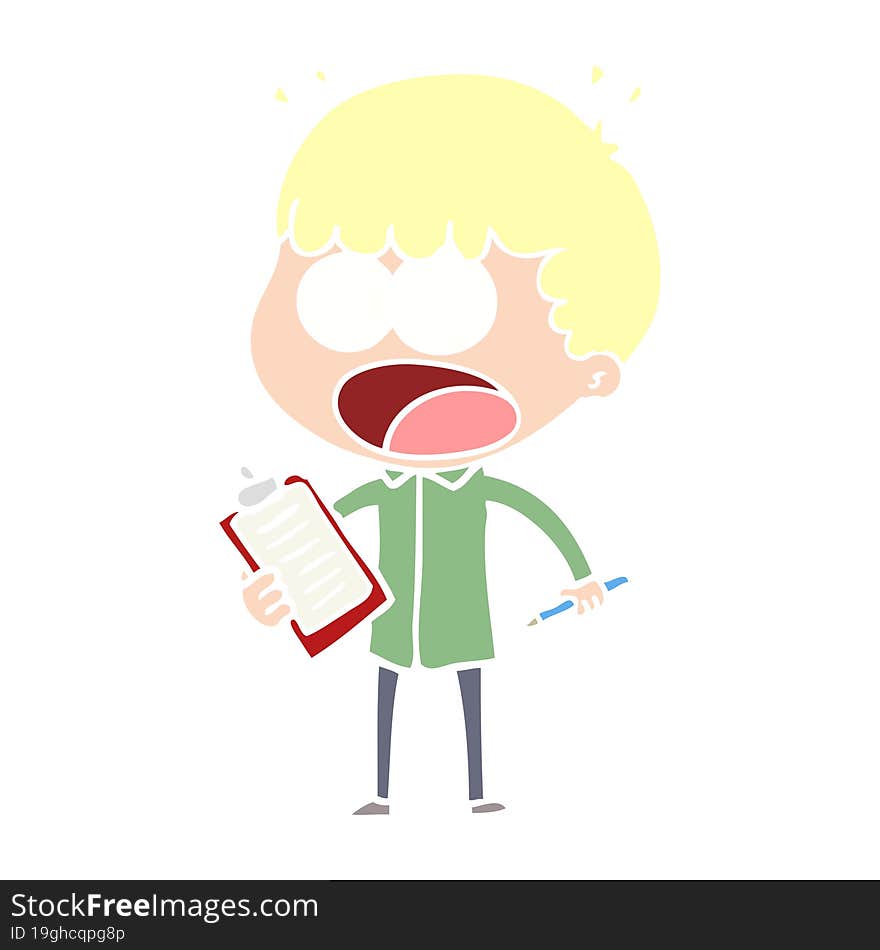 Flat Color Style Cartoon Shocked Man With Clipboard And Pen