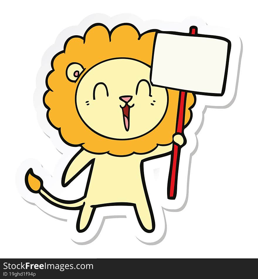 sticker of a laughing lion cartoon with placard