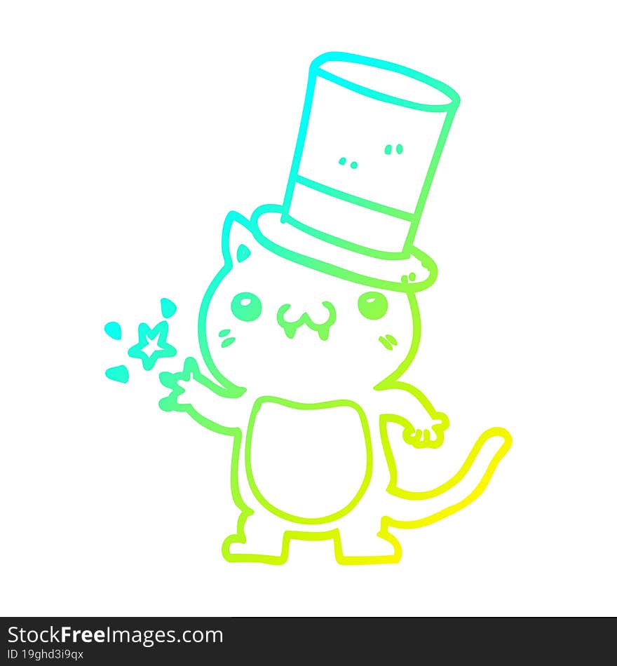 Cold Gradient Line Drawing Cartoon Cat Wearing Top Hat