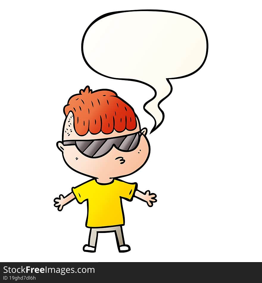 cartoon boy wearing sunglasses and speech bubble in smooth gradient style