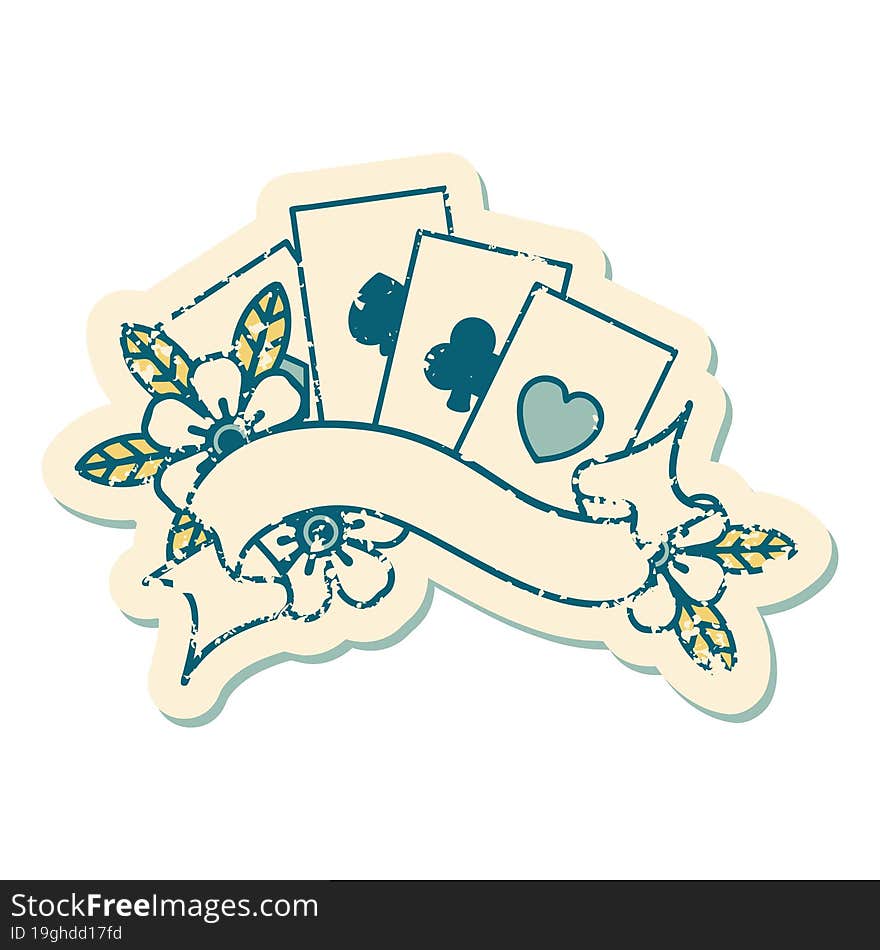 distressed sticker tattoo style icon of cards and banner