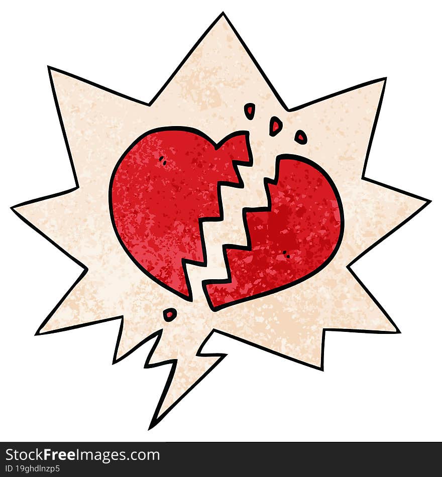 cartoon broken heart and speech bubble in retro texture style