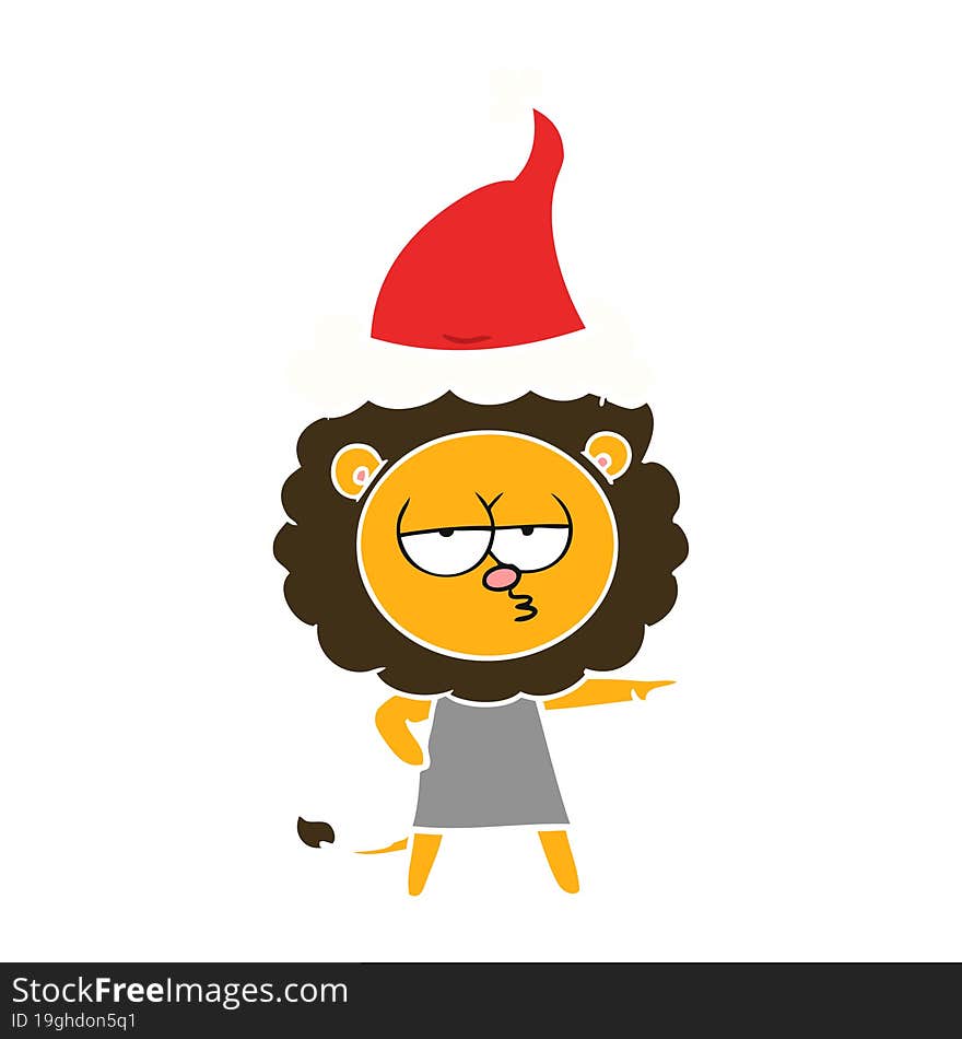 flat color illustration of a bored lion wearing santa hat