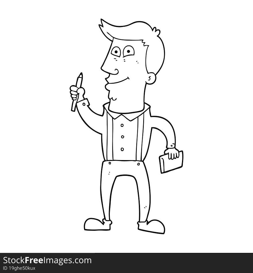 freehand drawn black and white cartoon man with notebook and pen