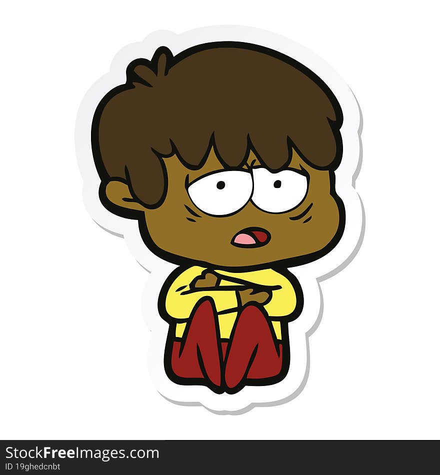 sticker of a cartoon exhausted boy