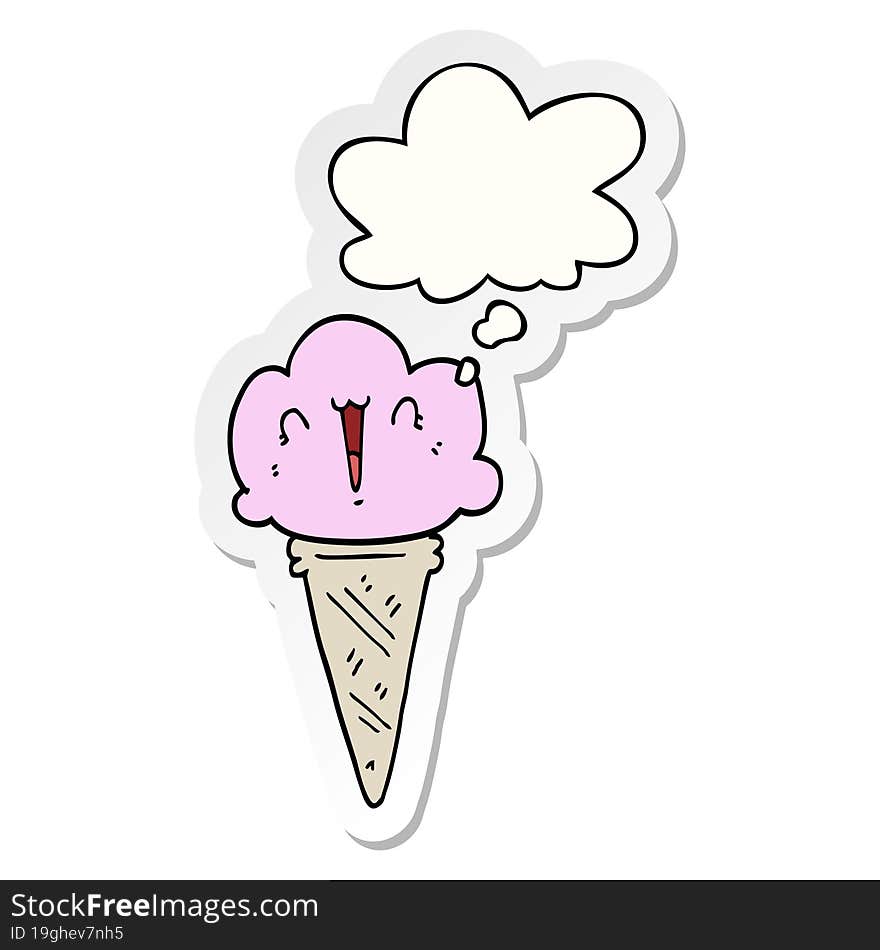 cartoon ice cream with face with thought bubble as a printed sticker