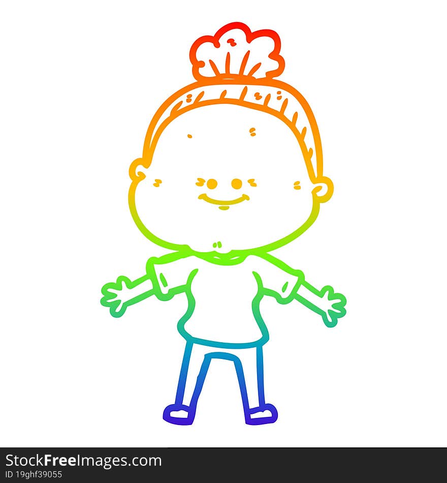 rainbow gradient line drawing of a cartoon happy old woman