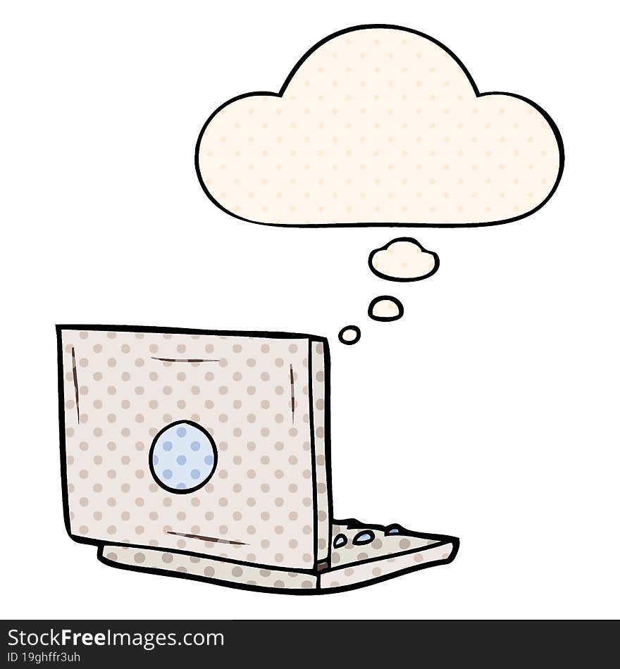 cartoon laptop computer with thought bubble in comic book style