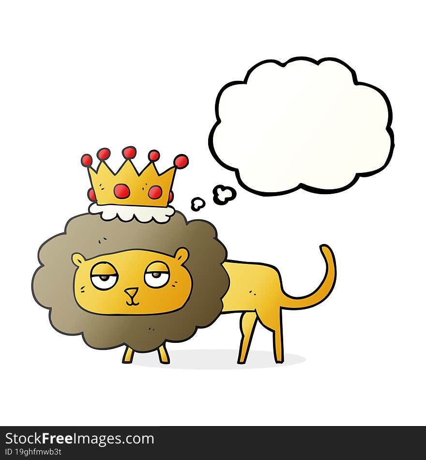 freehand drawn thought bubble cartoon lion with crown