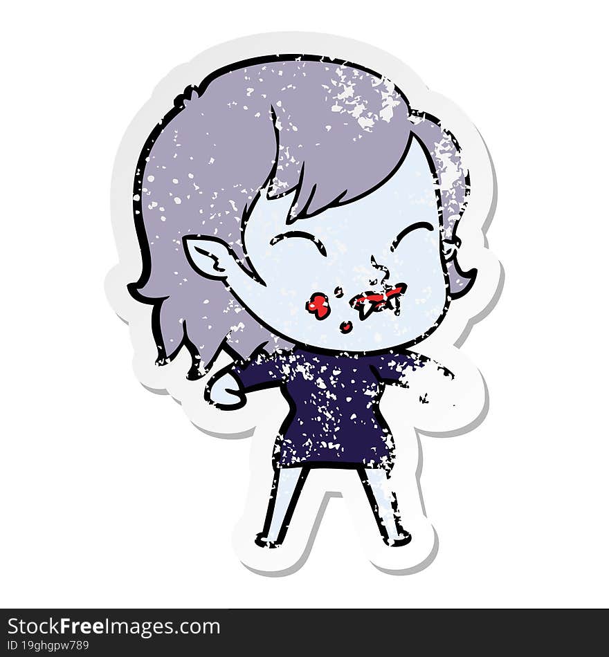 Distressed Sticker Of A Cartoon Vampire Girl With Blood On Cheek