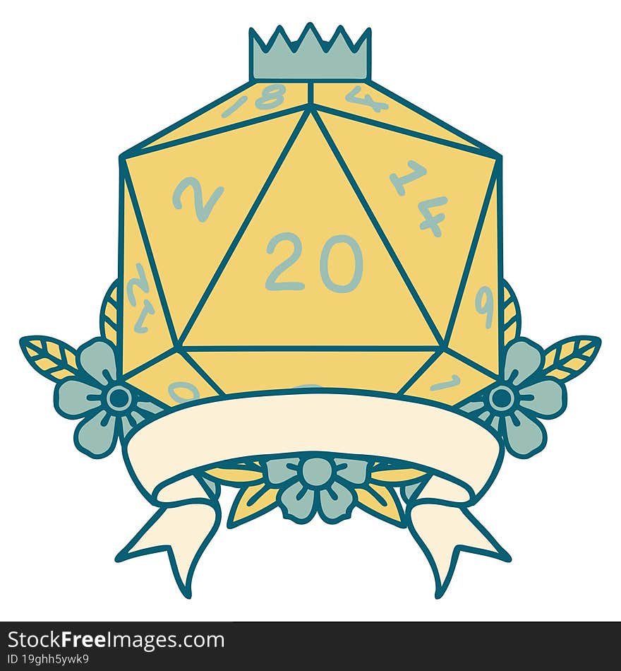 Retro Tattoo Style natural 20 critical hit D20 dice roll. Retro Tattoo Style natural 20 critical hit D20 dice roll