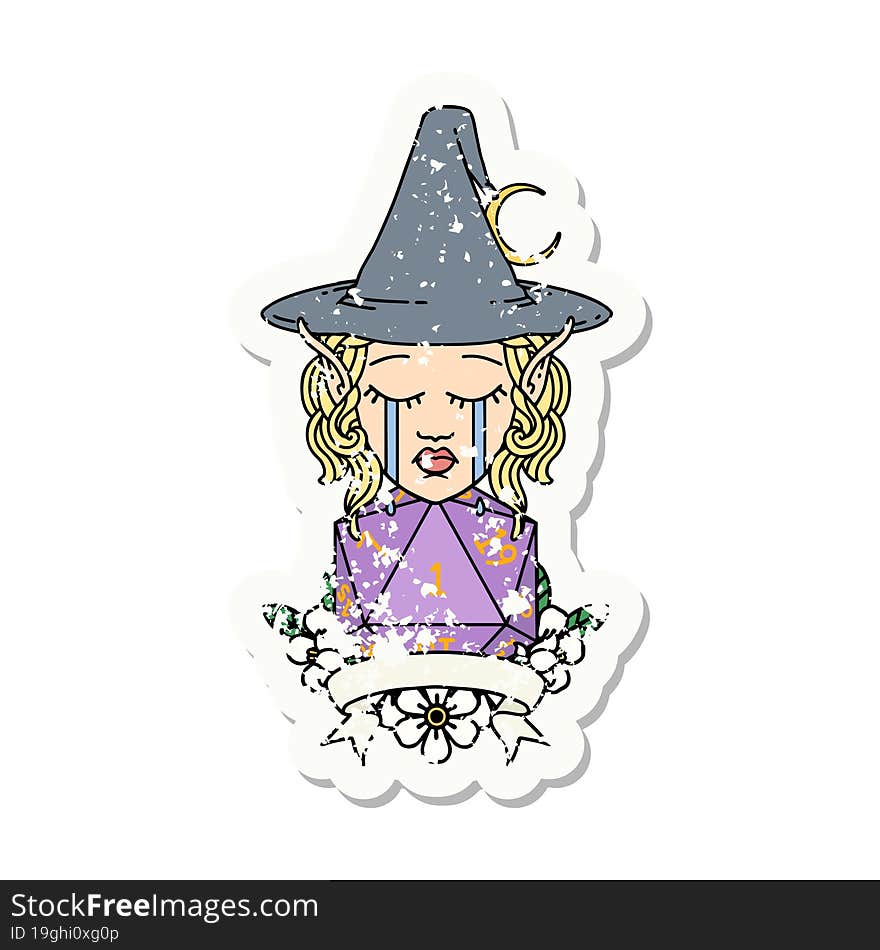 Crying Elf Mage Character With Natural One Dice Roll Illustration