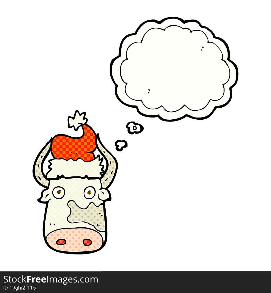 thought bubble cartoon cow wearing christmas hat