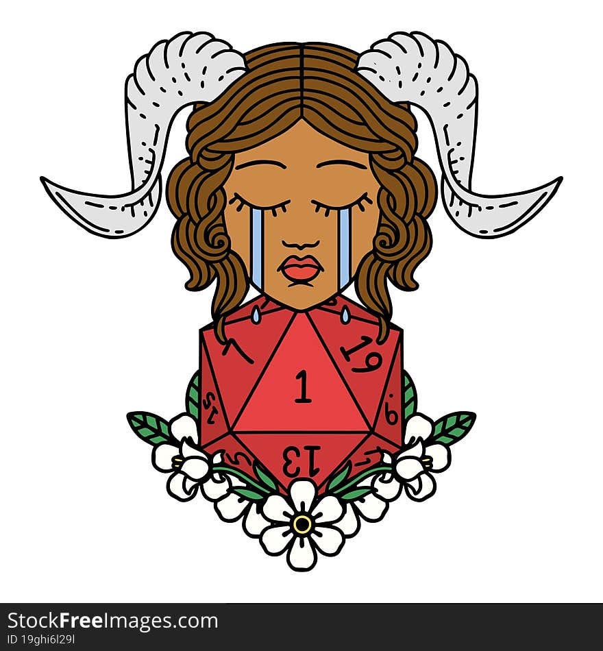 Crying Tiefling With Natural One D20 Dice Roll Illustration