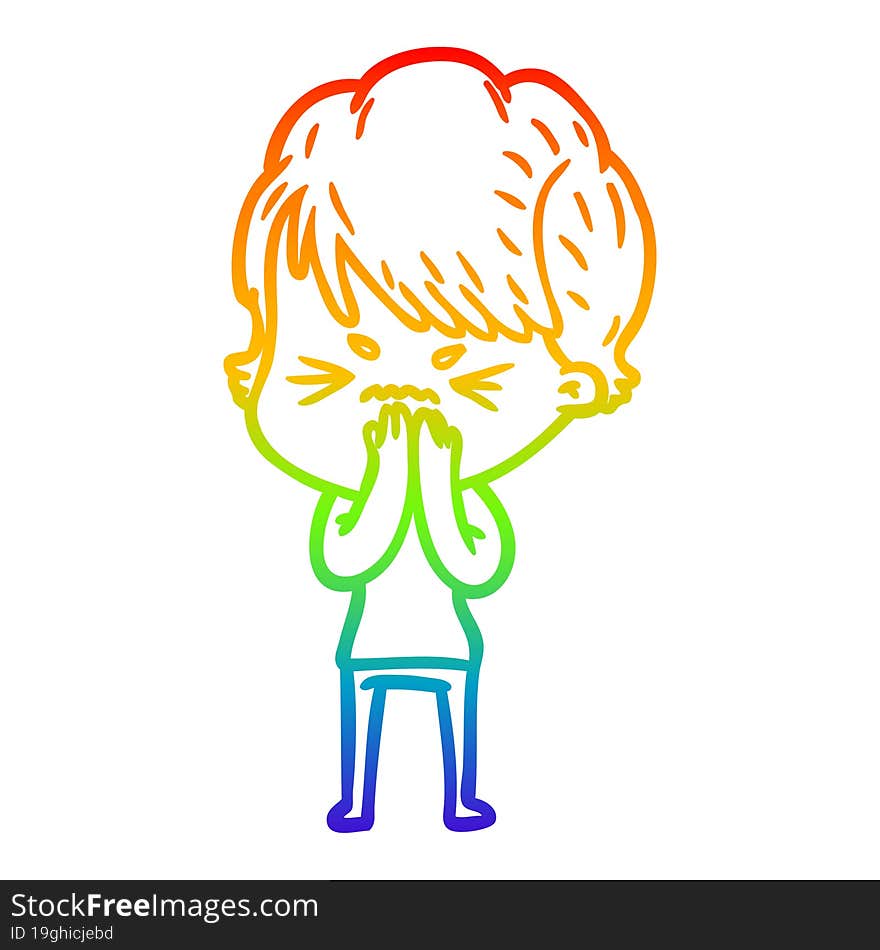 rainbow gradient line drawing of a cartoon frustrated woman