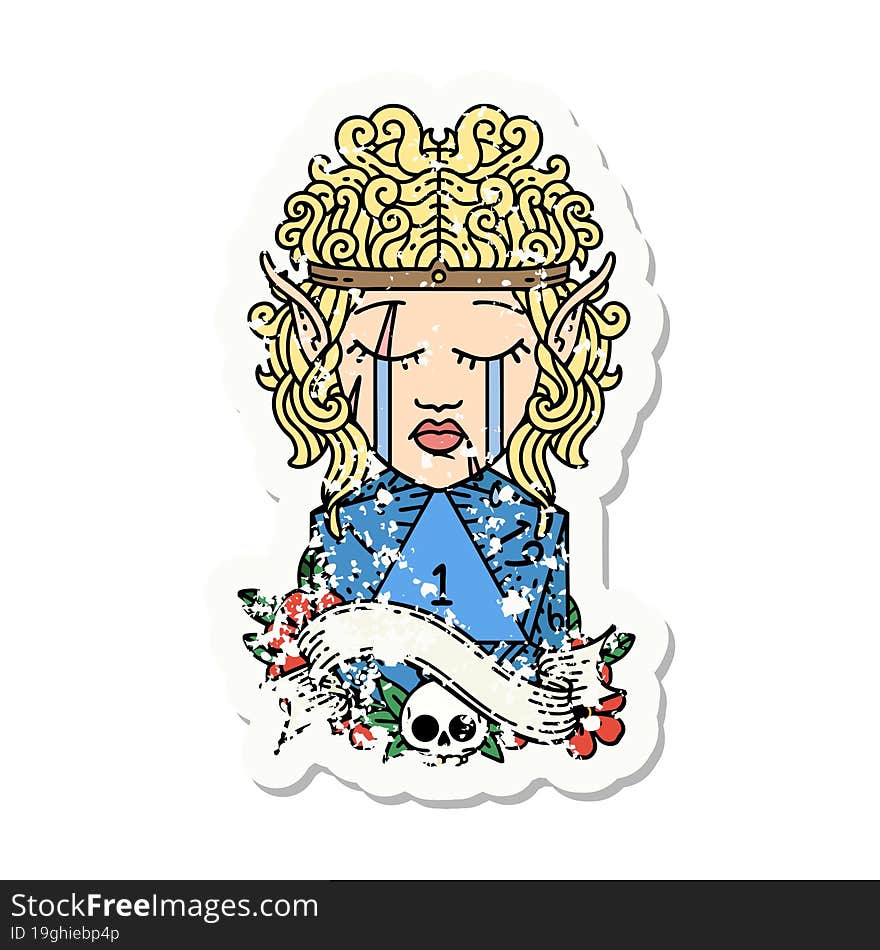 Crying Elf Barbarian Character Face Natural One D20 Roll Grunge Sticker