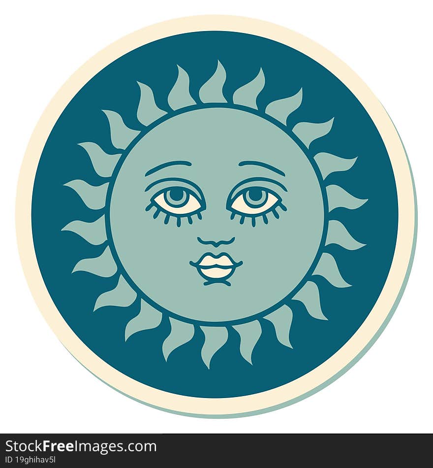 tattoo style sticker of a sun with face