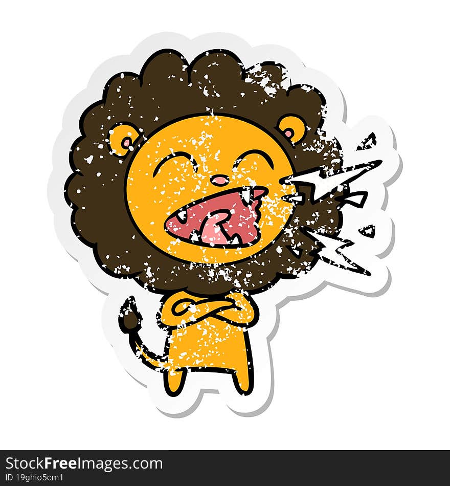 distressed sticker of a cartoon roaring lion