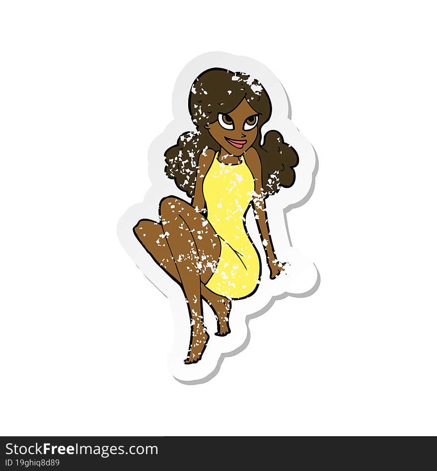 retro distressed sticker of a cartoon attractive woman posing