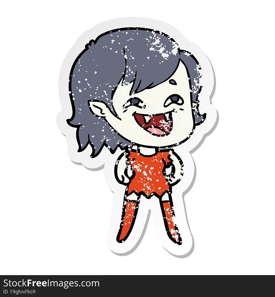 distressed sticker of a cartoon laughing vampire girl