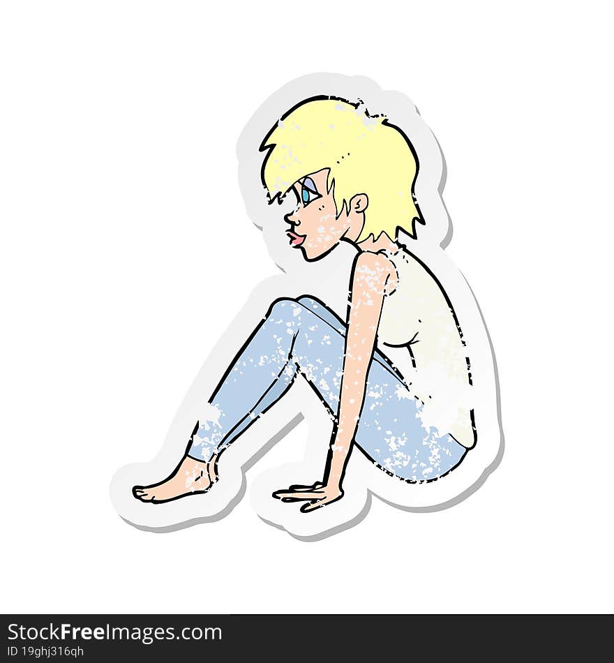 retro distressed sticker of a cartoon woman sitting