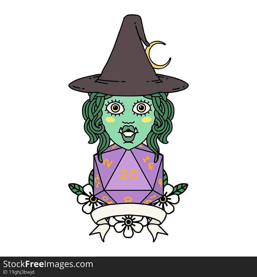 half orc witch character with natural 20 dice roll illustration