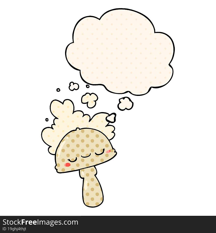 cartoon mushroom with spoor cloud and thought bubble in comic book style