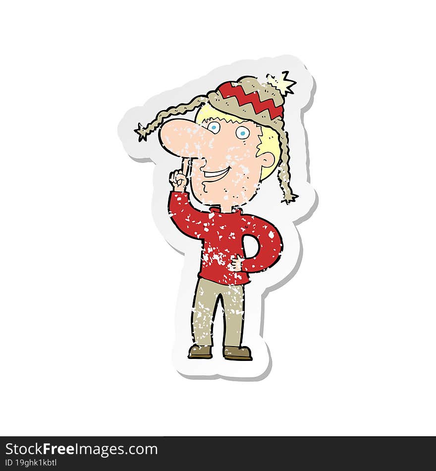 retro distressed sticker of a cartoon man in hat with idea