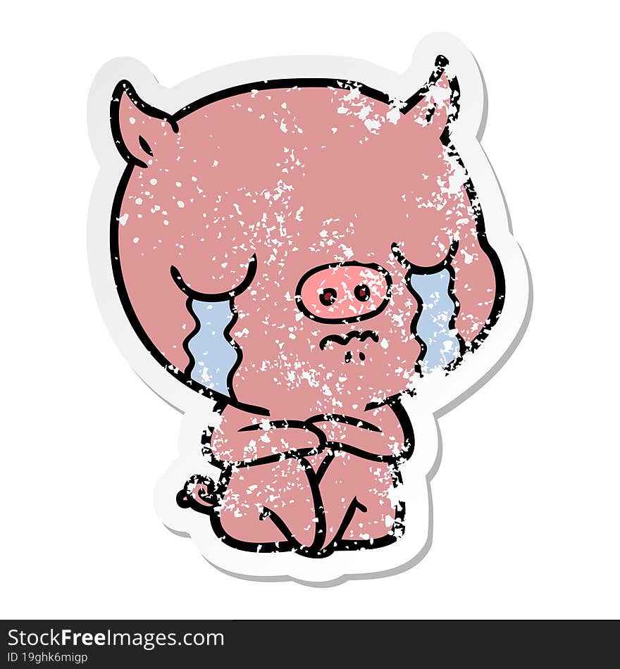 distressed sticker of a cartoon sitting pig crying