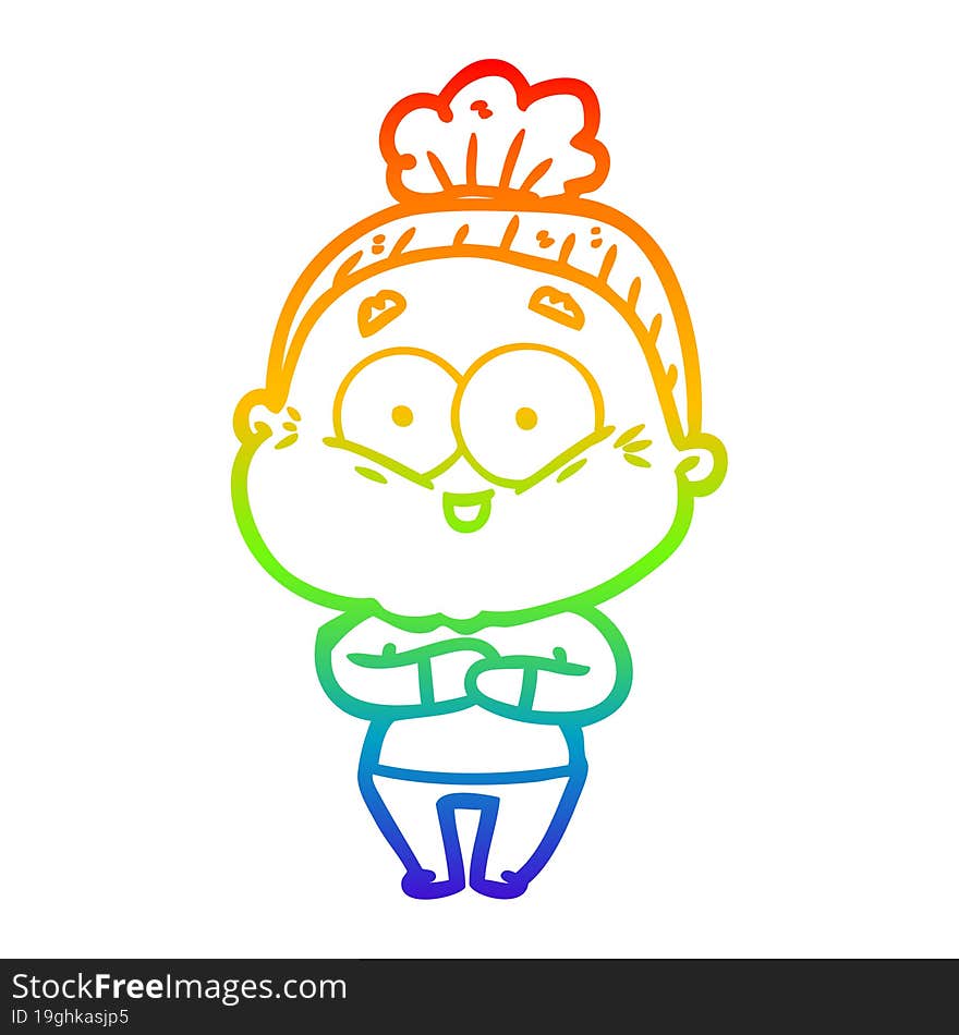 rainbow gradient line drawing of a cartoon happy old woman