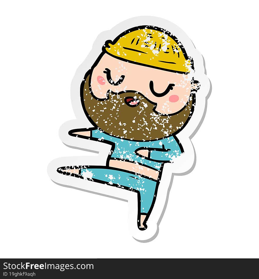 distressed sticker of a cartoon man with beard dancing