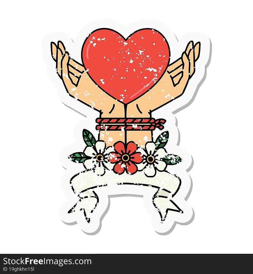 grunge sticker with banner of tied hands and a heart