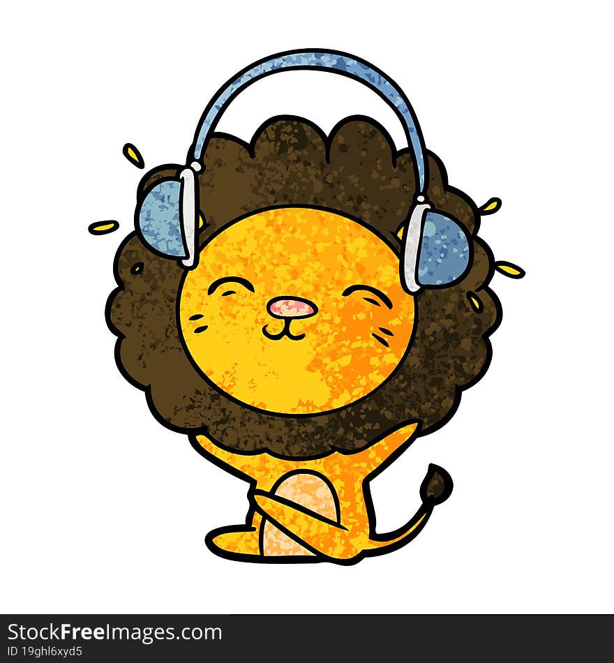 cartoon lion listening to music. cartoon lion listening to music