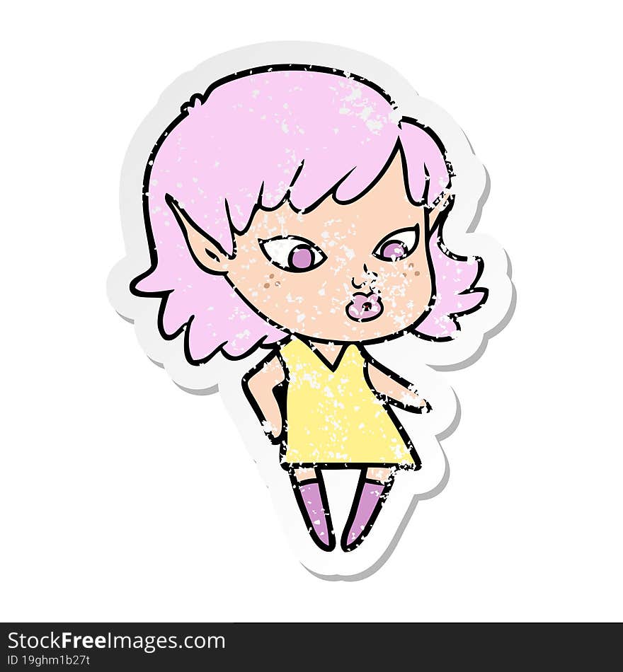 distressed sticker of a pretty cartoon elf girl