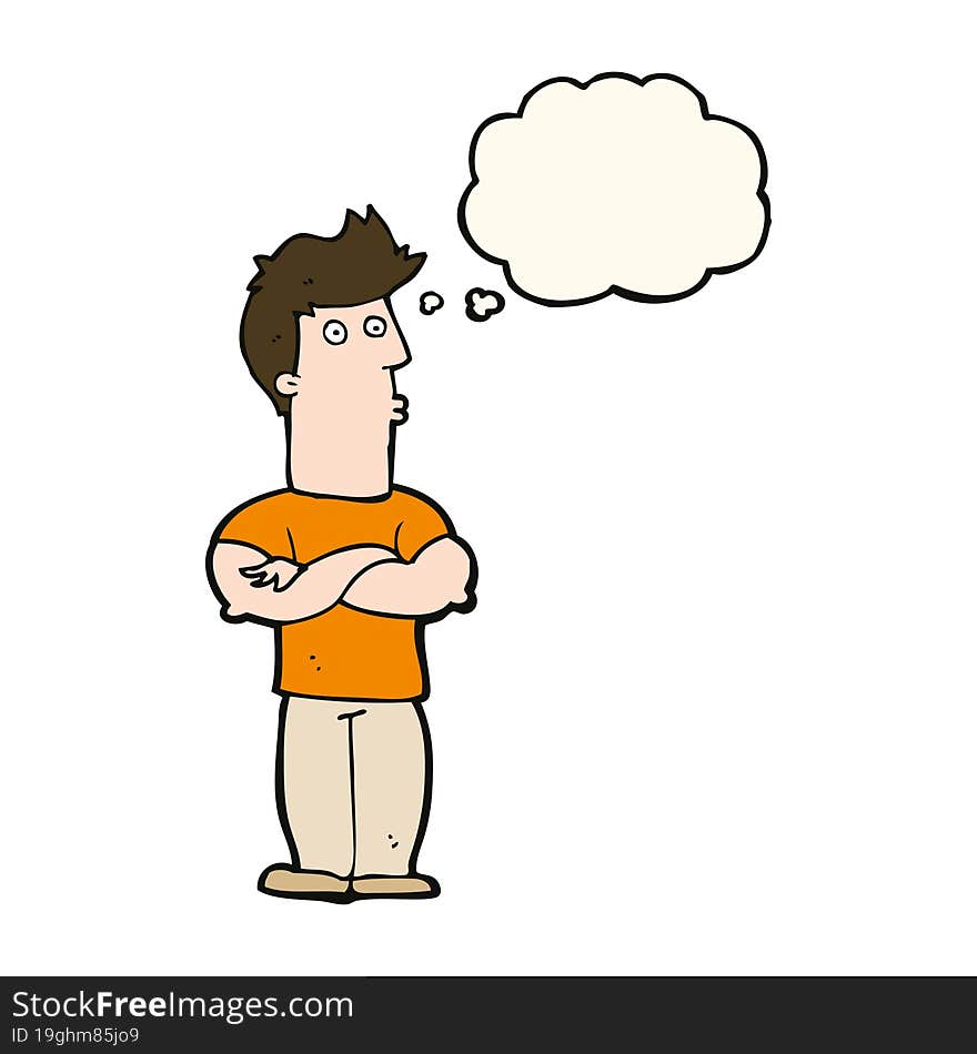 cartoon man with folded arms with thought bubble